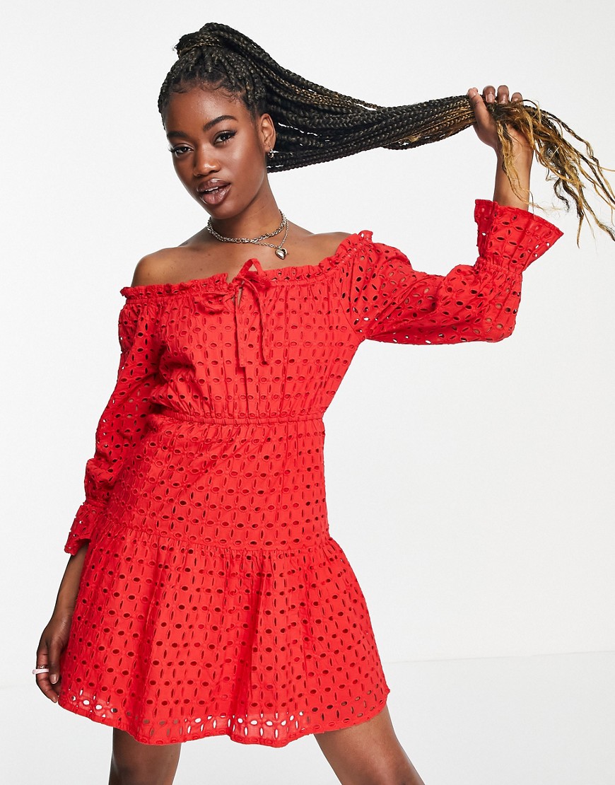 Influence broderie off-shoulder mini dress in red