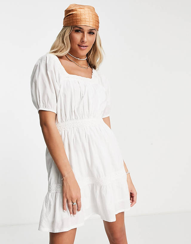 Influence - broderie trim cotton dress in white