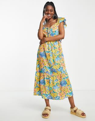 Influence – Buntes, wadenlanges Kleid mit Rüschenärmeln