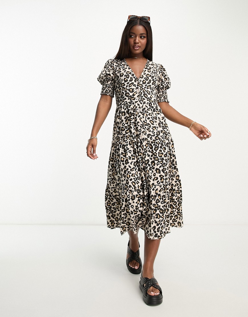 Influence button down tiered midi dress in leopard print-Brown