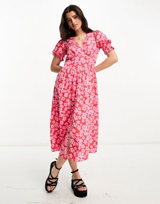 Influence button front midi dress in pink and red floral print | ASOS