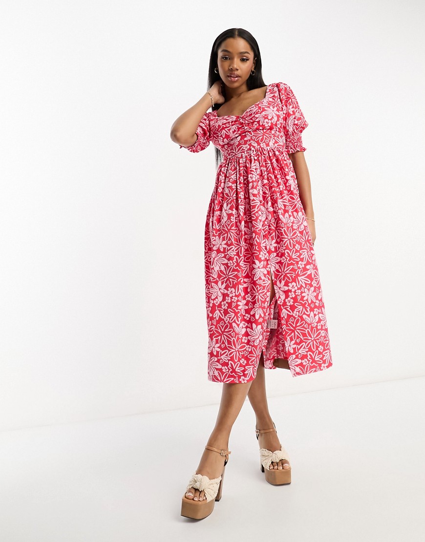 Influence button front midi dress in pink floral print-Red