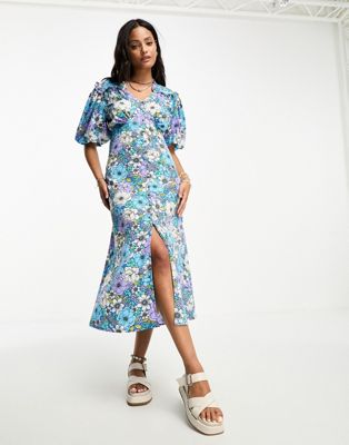 Influence button front midi dress with collar in bold floral print
