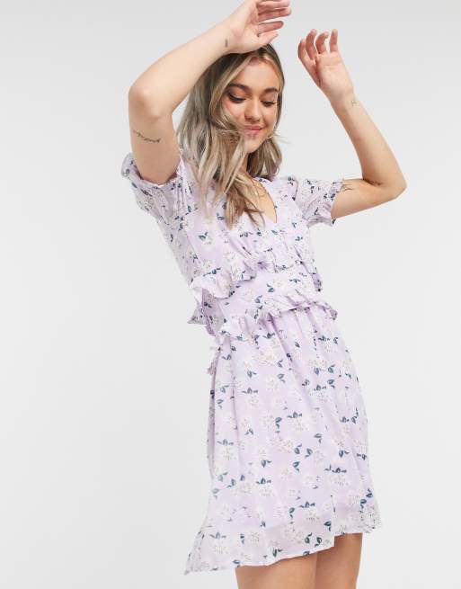 Influence button front mini tea dress in lilac floral | ASOS