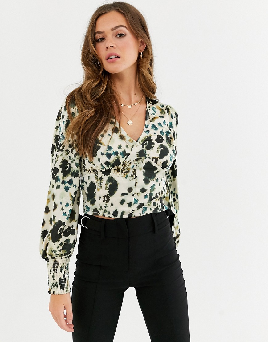 Influence button front satin blouse in abstract leopard print-Multi
