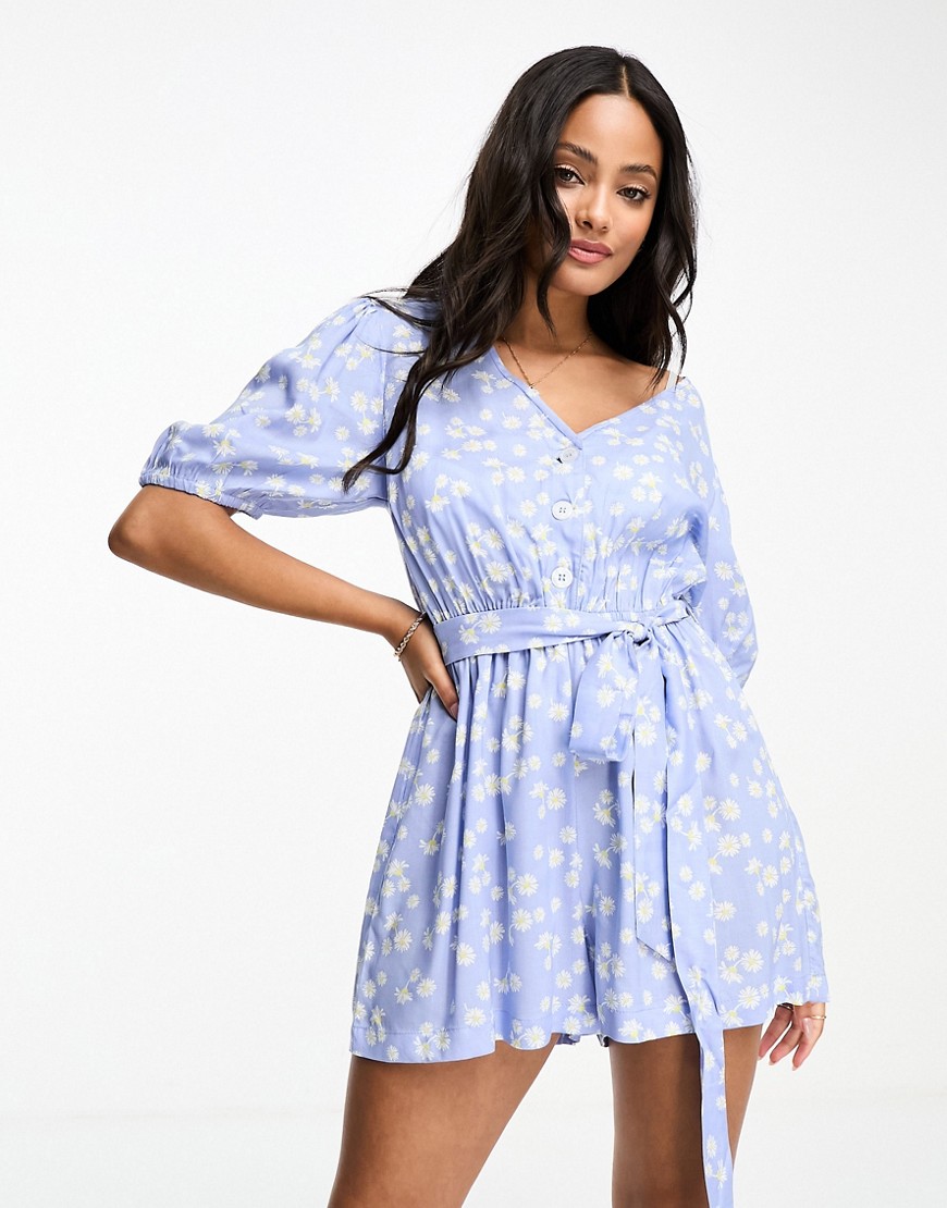 Influence Button Front Tie Waist Playsuit In Blue Floral Print