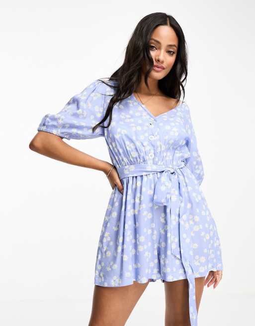 Influence button front tie waist playsuit in blue floral print