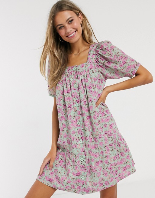 Influence button through puff sleeve mini dress in retro floral