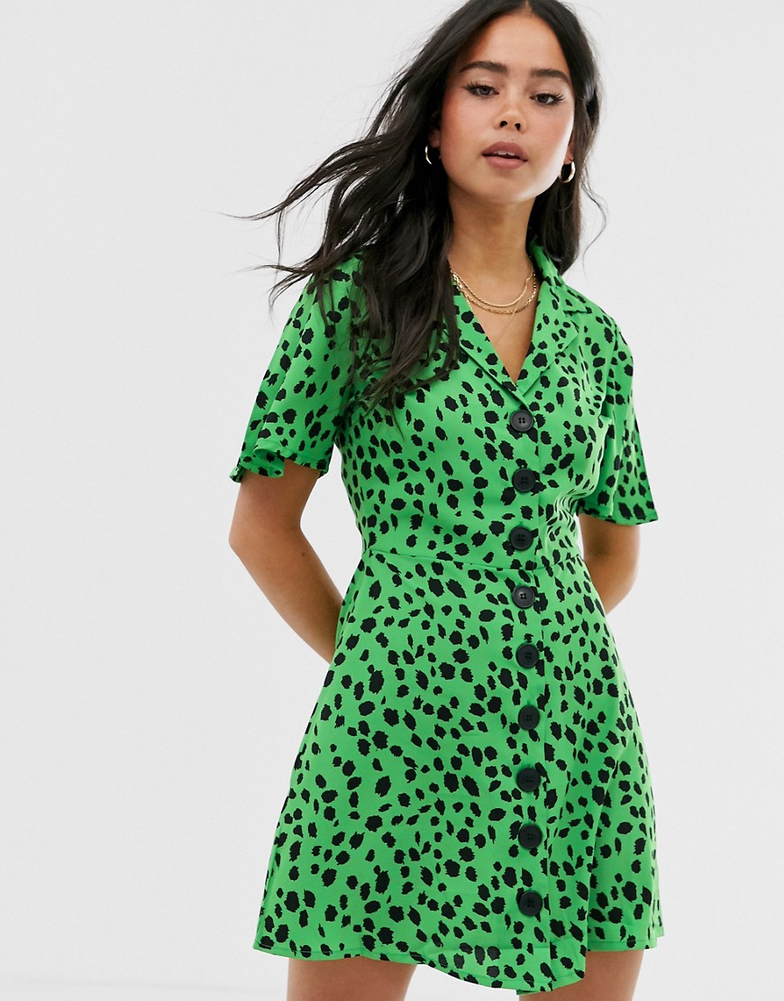 Influence button through shirt dress in splodge print-Green