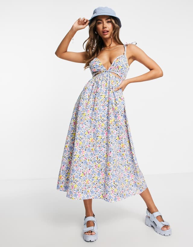 Influence cami tie shoulder midi dress in floral print