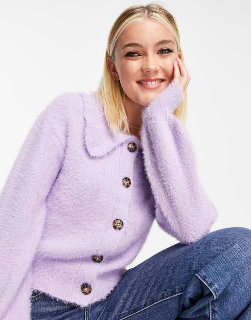Influence - Cardigan in maglia soffice lilla con colletto