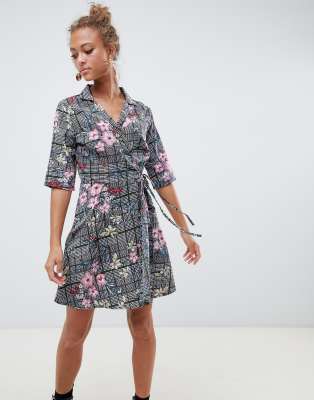 Influence check and floral print wrap dress-Gray