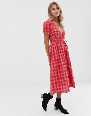 red check midi dress