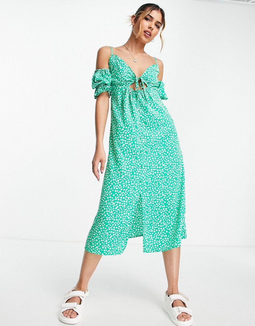 Influence cold shoulder midi dress in green floral print