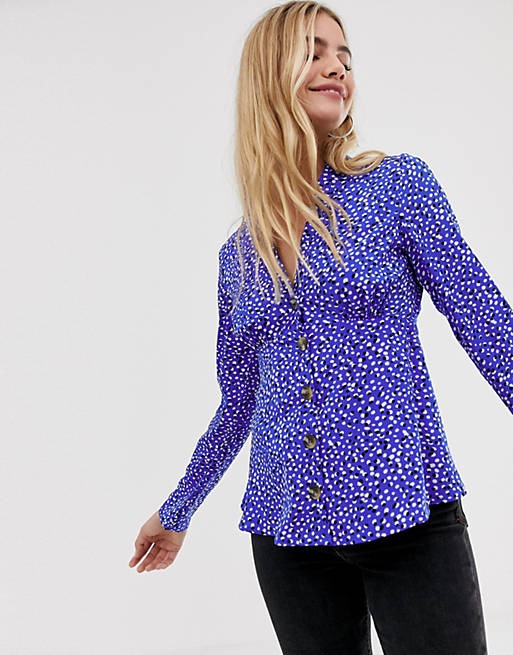 Influence collar detail tea blouse in splodge print with button front ...