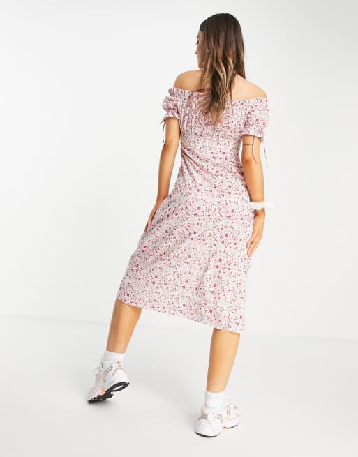 Influence cotton poplin bardot floral midi dress