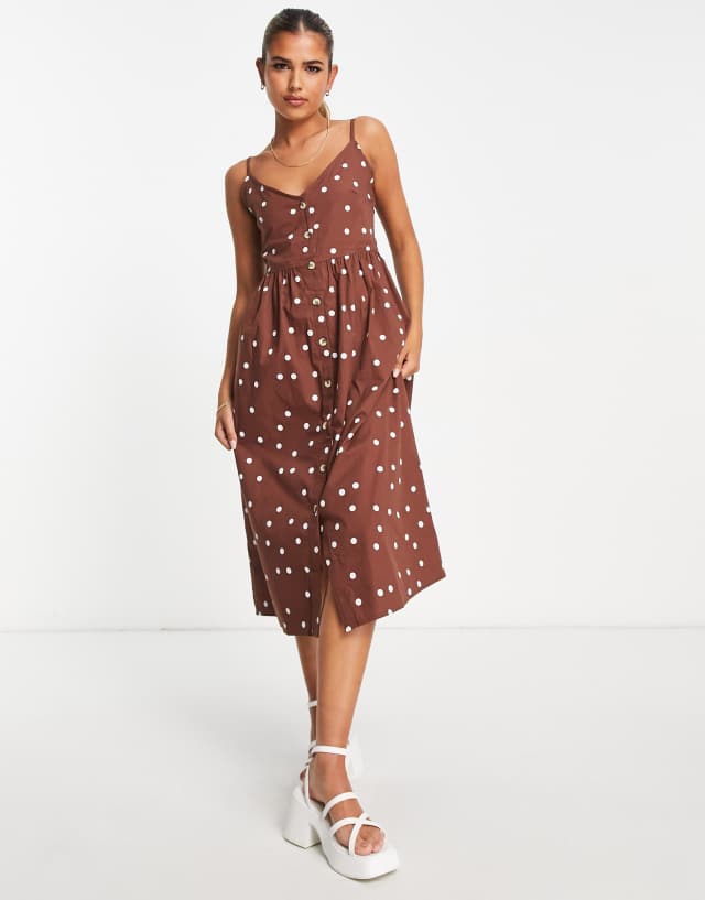 Influence cotton poplin cami midi dress in brown polka dot