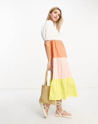 Influence cotton poplin colour block tiered midi dress