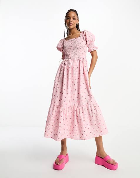 Influence cotton poplin gingham midi dress with strawberry embroidery in pink - view 1