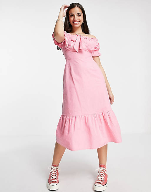 Influence cotton poplin midi dress in pink
