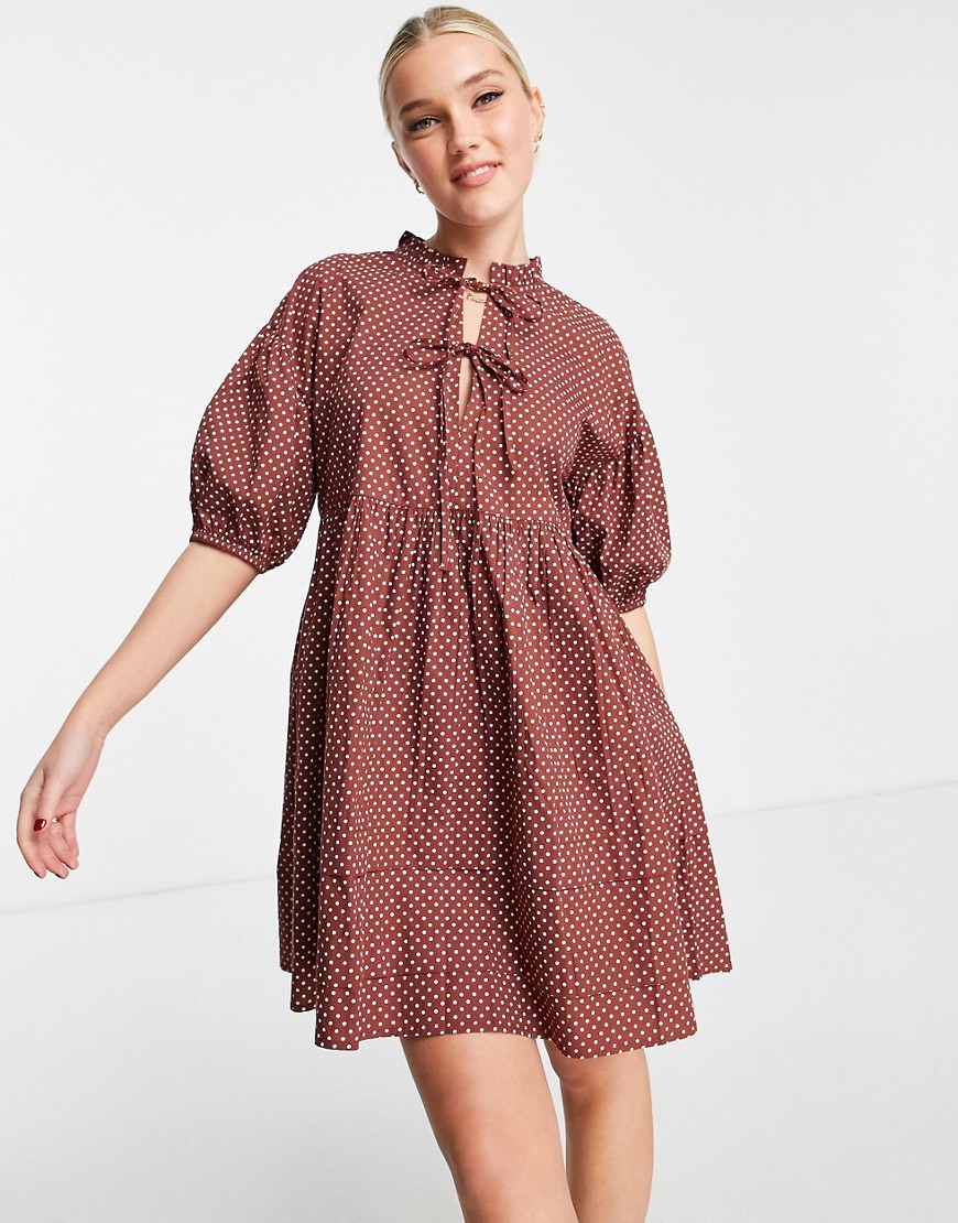 Influence cotton poplin mini dress in brown polka dot