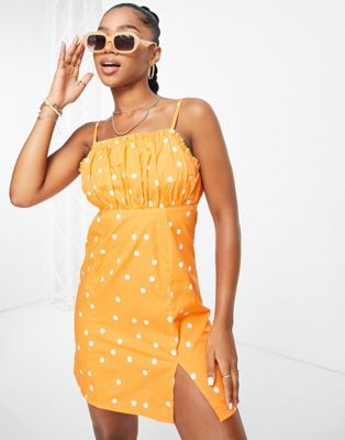 Influence cotton poplin mini dress in orange polka dot | ASOS