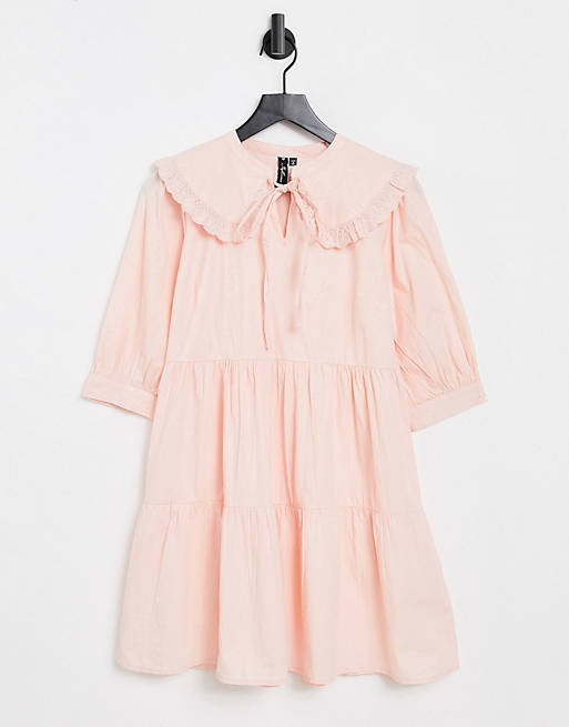 Influence cotton poplin mini dress with broderie collar in light pink
