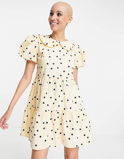 Influence cotton poplin mini dress with collar in yellow polka dot