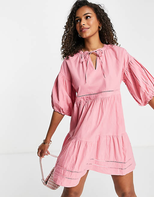 Influence cotton poplin mini dress with puff sleeve in pink