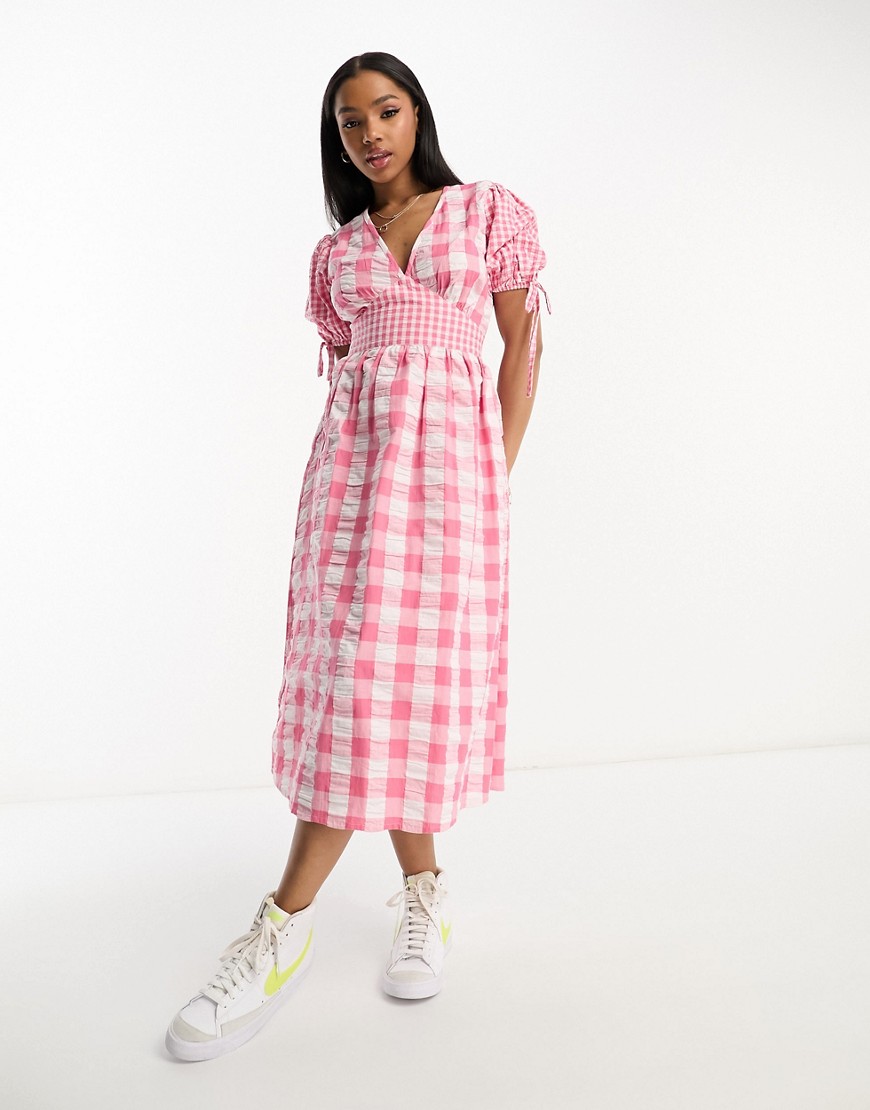 Influence cotton poplin mixed gingham midi dress in pink