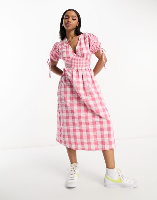 Influence cotton poplin mixed gingham midi dress in pink