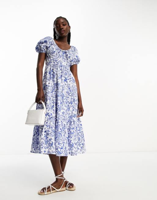 Influence cotton poplin printed midi dress in blue ASOS