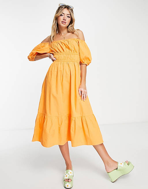 Influence cotton poplin puff sleeve midi dress in orange