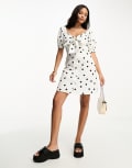 [Influence] Influence cotton tie front mini dress in polka dot-White 8 White/black