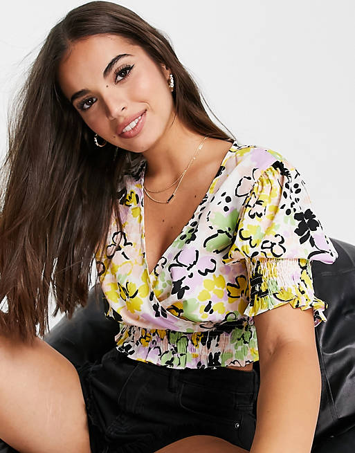 Influence cropped blouse co-ord in bold floral print