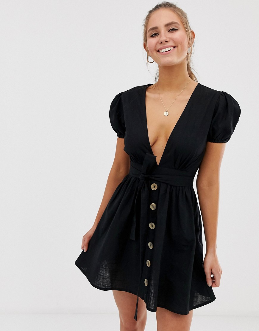 Influence - Diepuitgesneden mini-jurk met strikceintuur en pofmouwen-Zwart