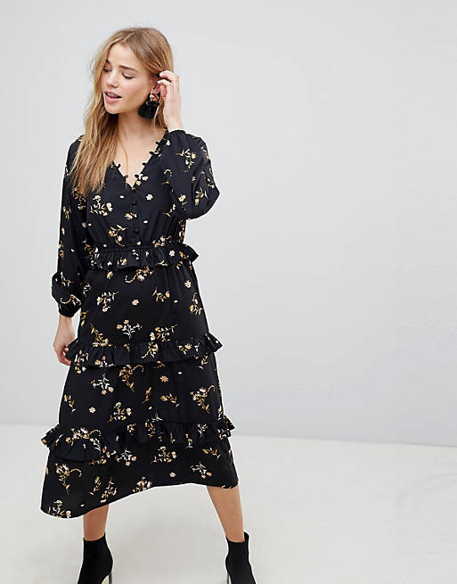 Influence Floral Midi Dress With Tiered Hem
