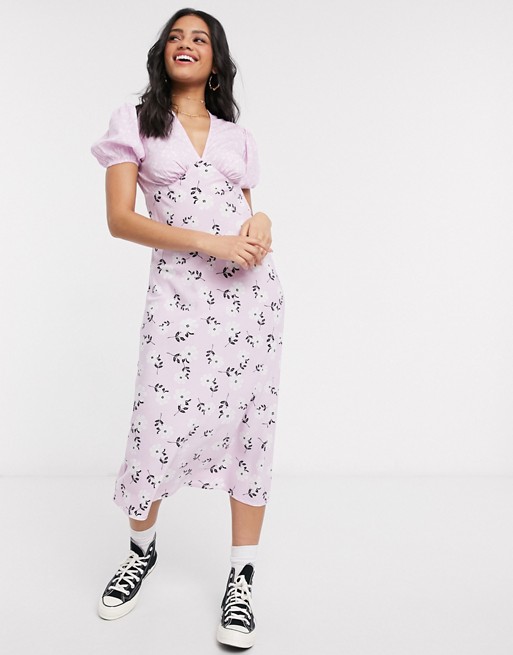 Influence floral midi tea dress with mixed lilac floral print