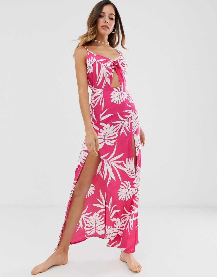 Influence floral print tie front beach maxi dress-Pink