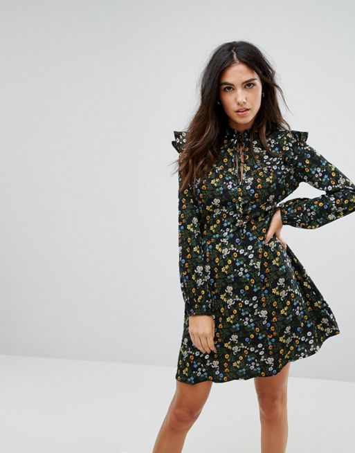 Influence Floral Tie Neck Dress With Ruffle Detail | ASOS