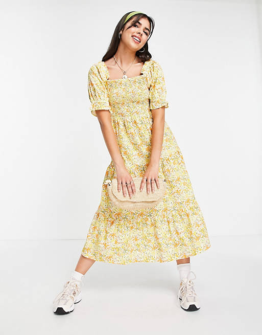 Influence floral tiered smock dress in yellow | ASOS