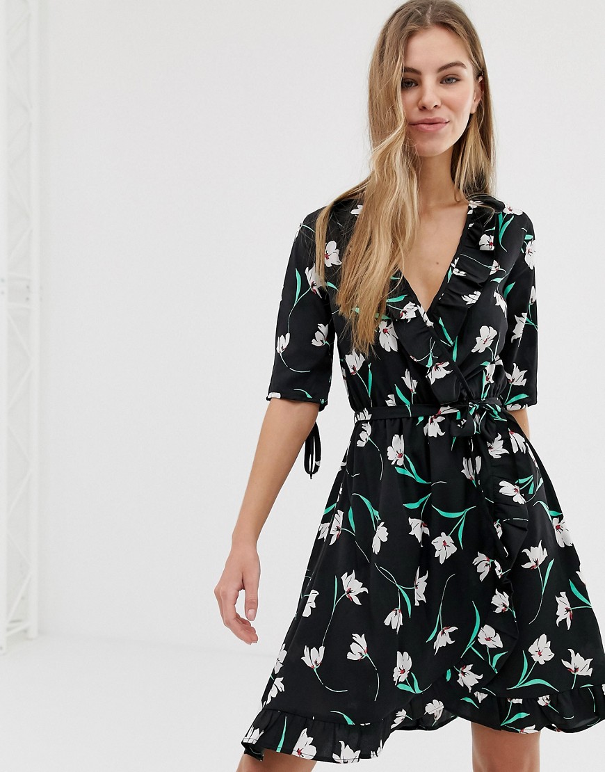 Influence floral wrap dress with tie sleeve and ruffle in black