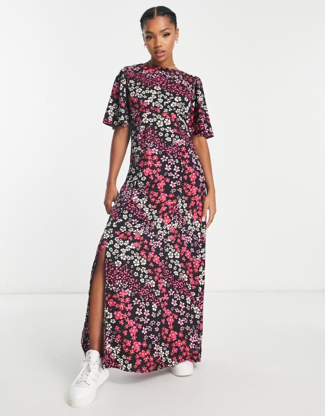 Influence flutter sleeve maxi tea dress in mixed floral print