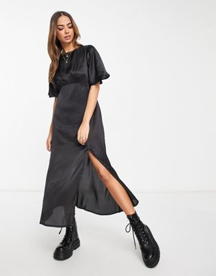 flutter sleeve midi dress with lace trim in black