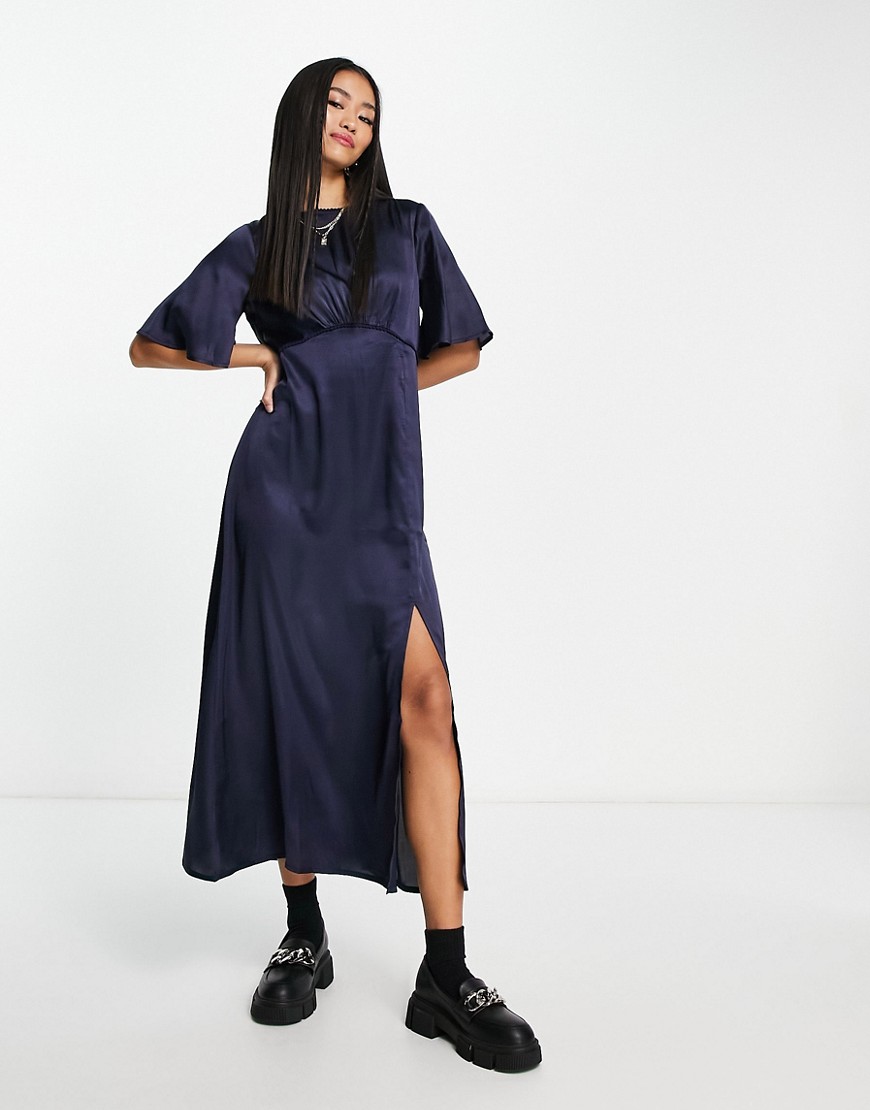 Influence flutter sleeve midi dress with lace trim in dark navy
