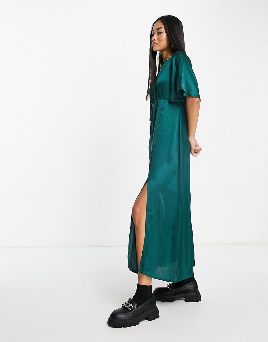 Influence flutter sleeve midi dress with lace trim in forest green