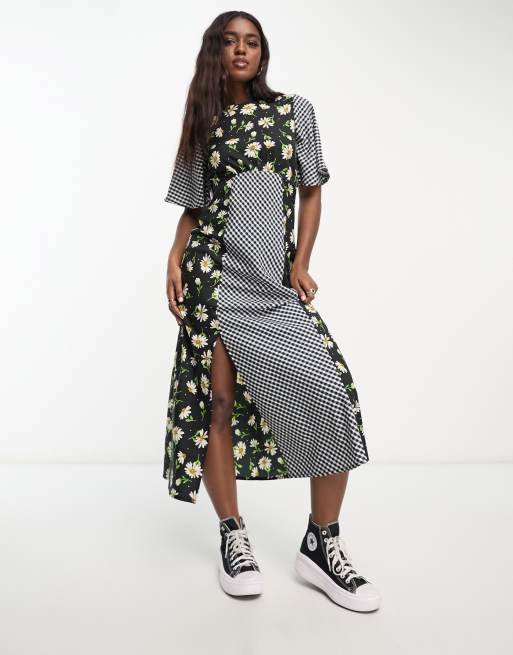 Influence flutter sleeve midi tea dress in mixed gingham floral print ASOS