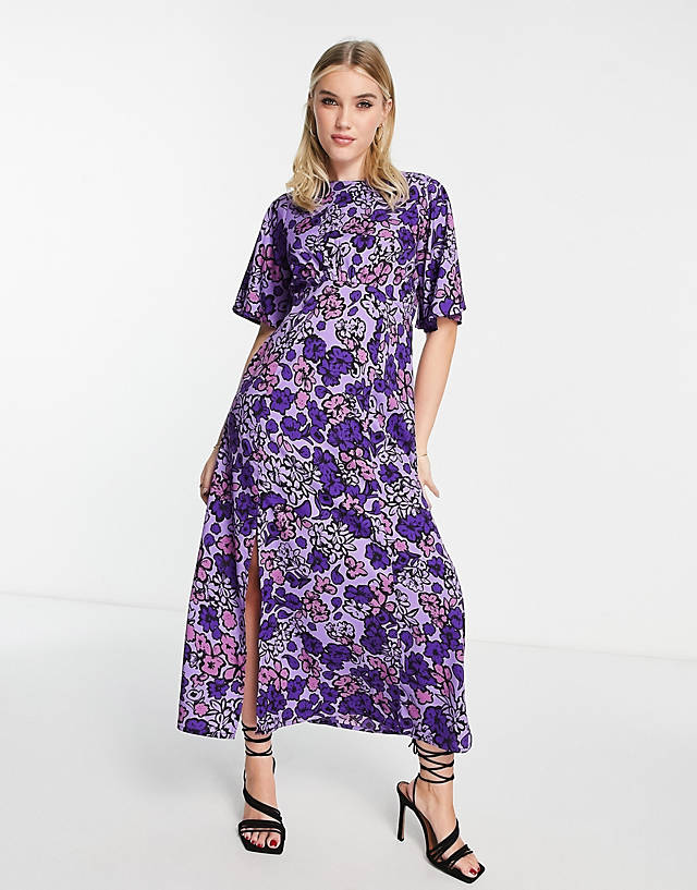 Influence - flutter sleeve midi tea dress in purple floral print