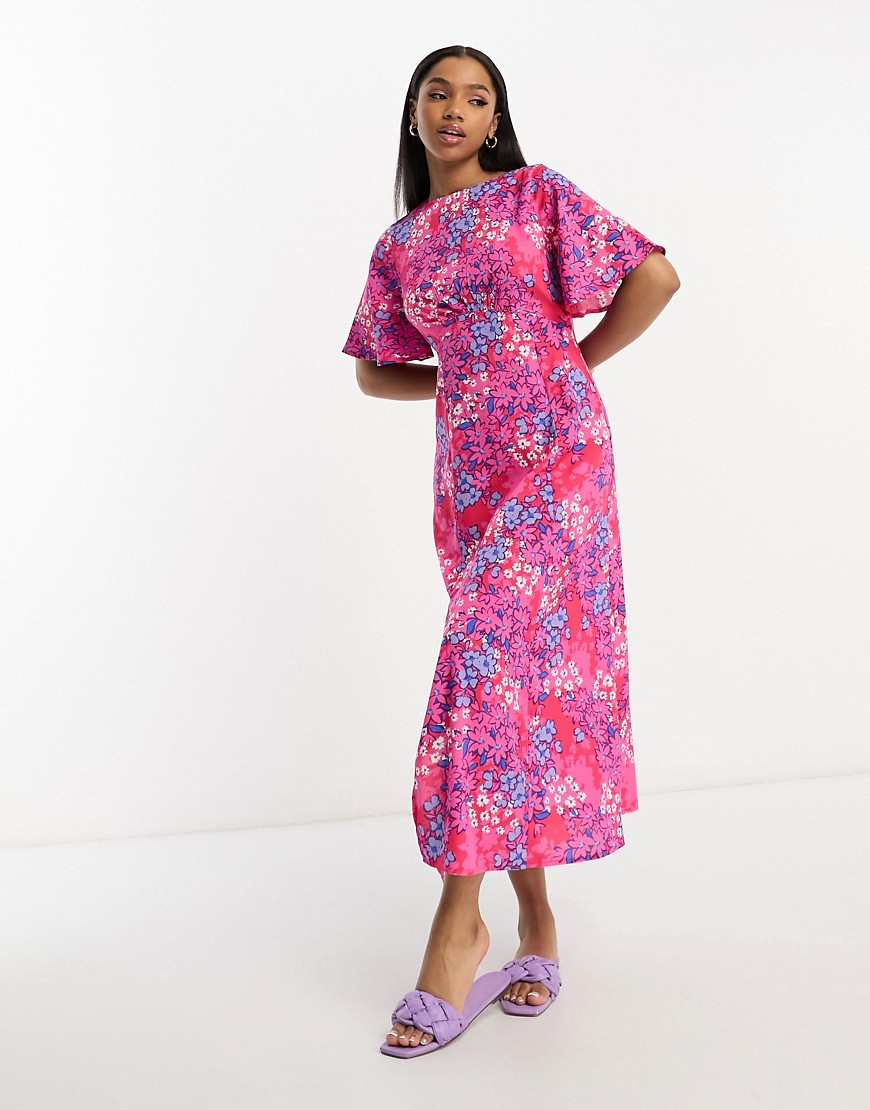 Influence flutter sleeve midi tea dress in red and blue floral print