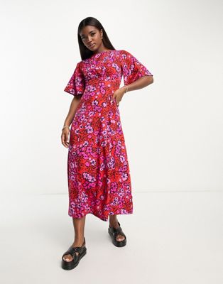 Influence flutter sleeve midi tea dress in red and pink floral